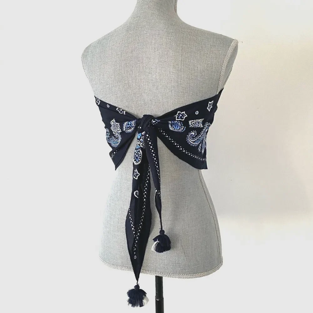 American Eagle Navy Blue Paisley Triangle Bandana / Sarong /Top Tassels Vacation
